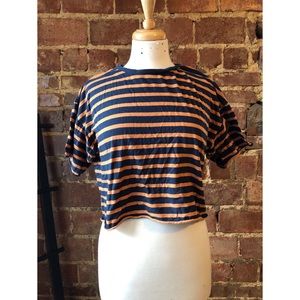 Forever 21 mustard and navy striped crop top tee